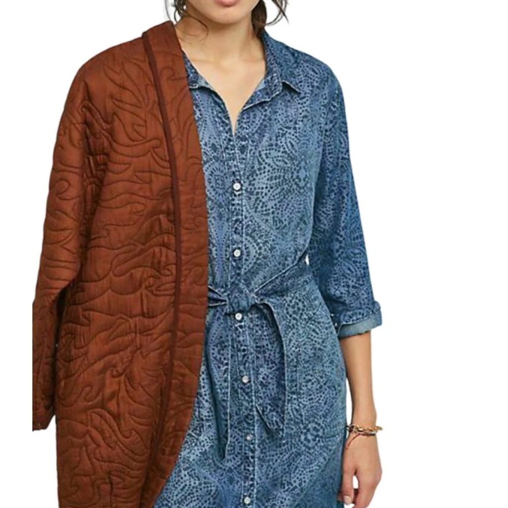 Anthropologie Dress Womens Small Blue V-Neck Long Sleeve Short Belted Tencel L